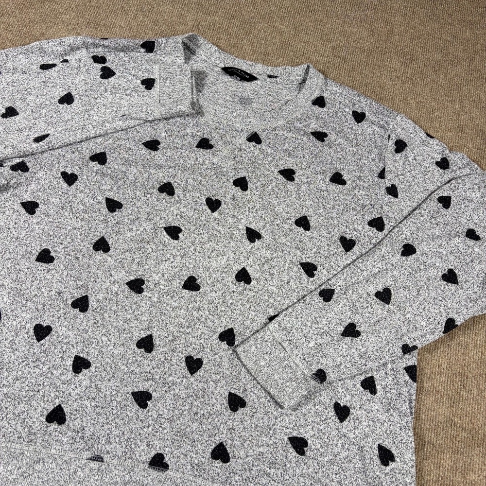 Lucky Brand Sweater Women 2X Gray Black Heart Print Stretch Long Sleeve Pullover